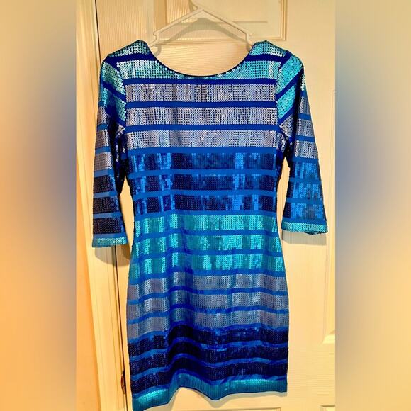 Hanukkah Bodycon Ombre Blue Sequin Striped Mini Dress 3/4 Sleeve Size M - Picture 1 of 10